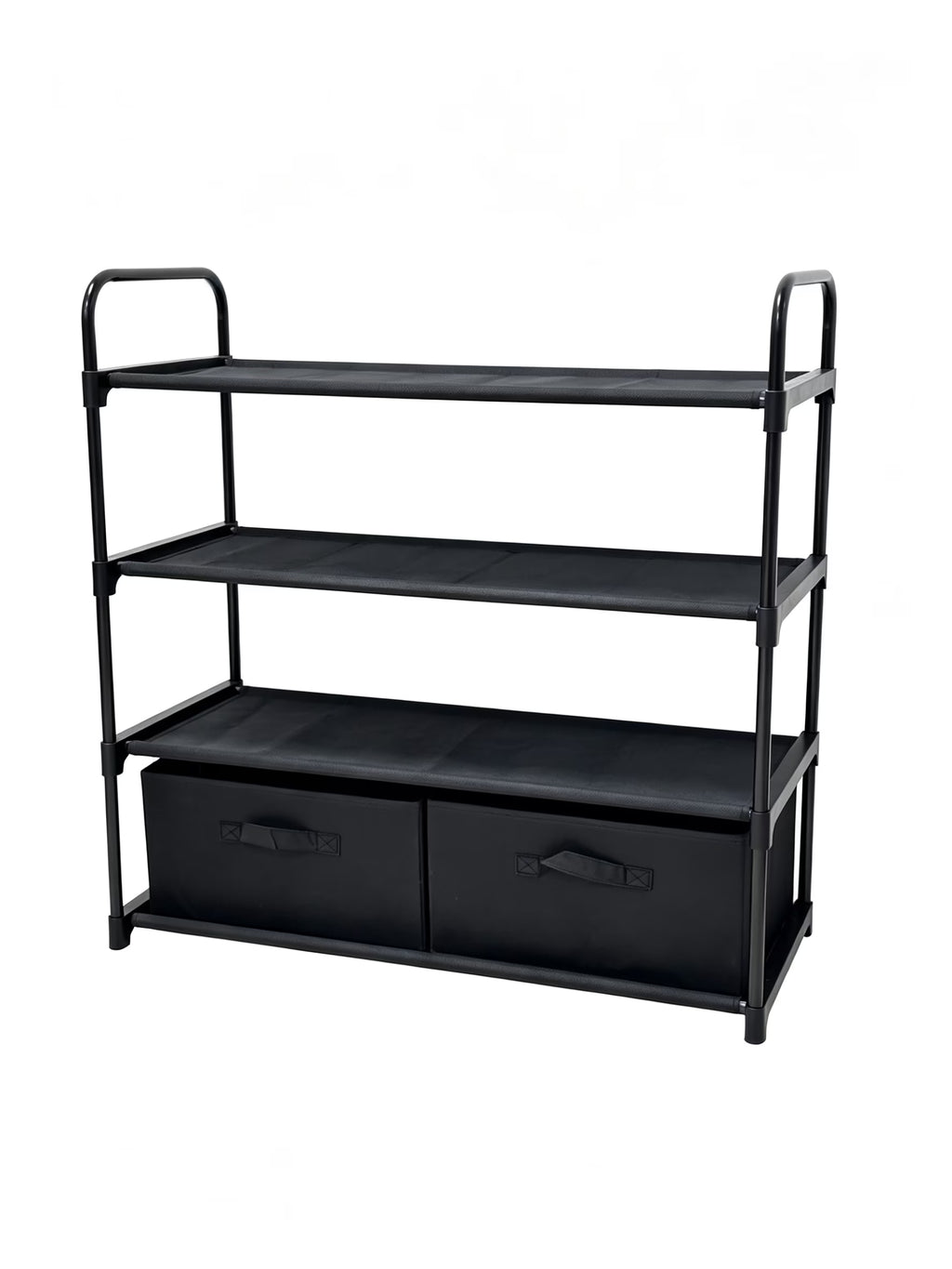 4 Shelf Closet Storage Organizer for Clothes with 2 Fabric Bins, Black, Metal Frame