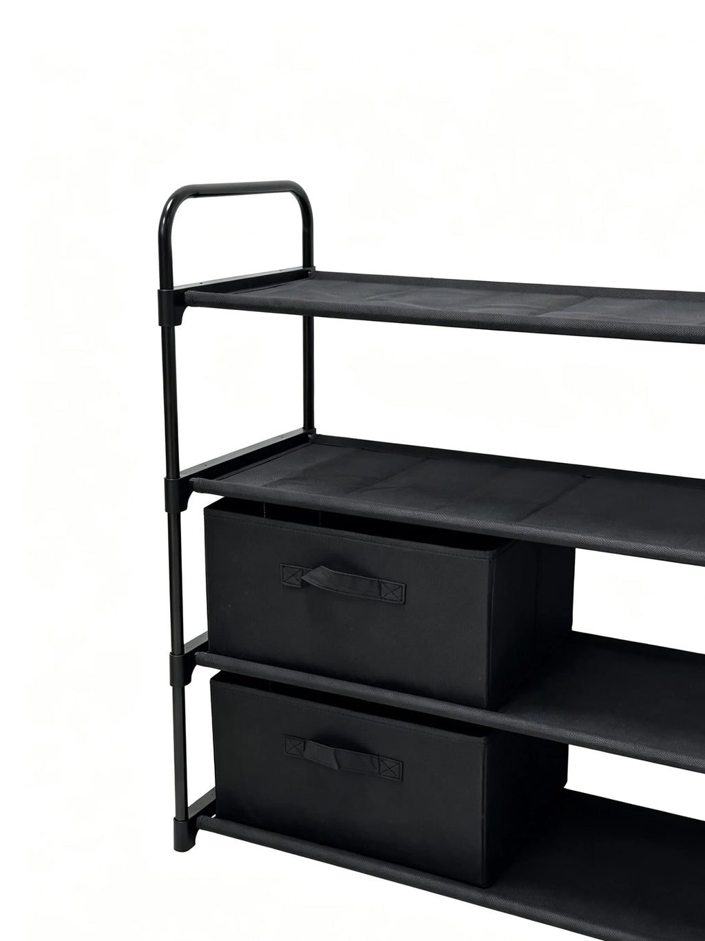 4 Shelf Closet Storage Organizer for Clothes with 2 Fabric Bins, Black, Metal Frame