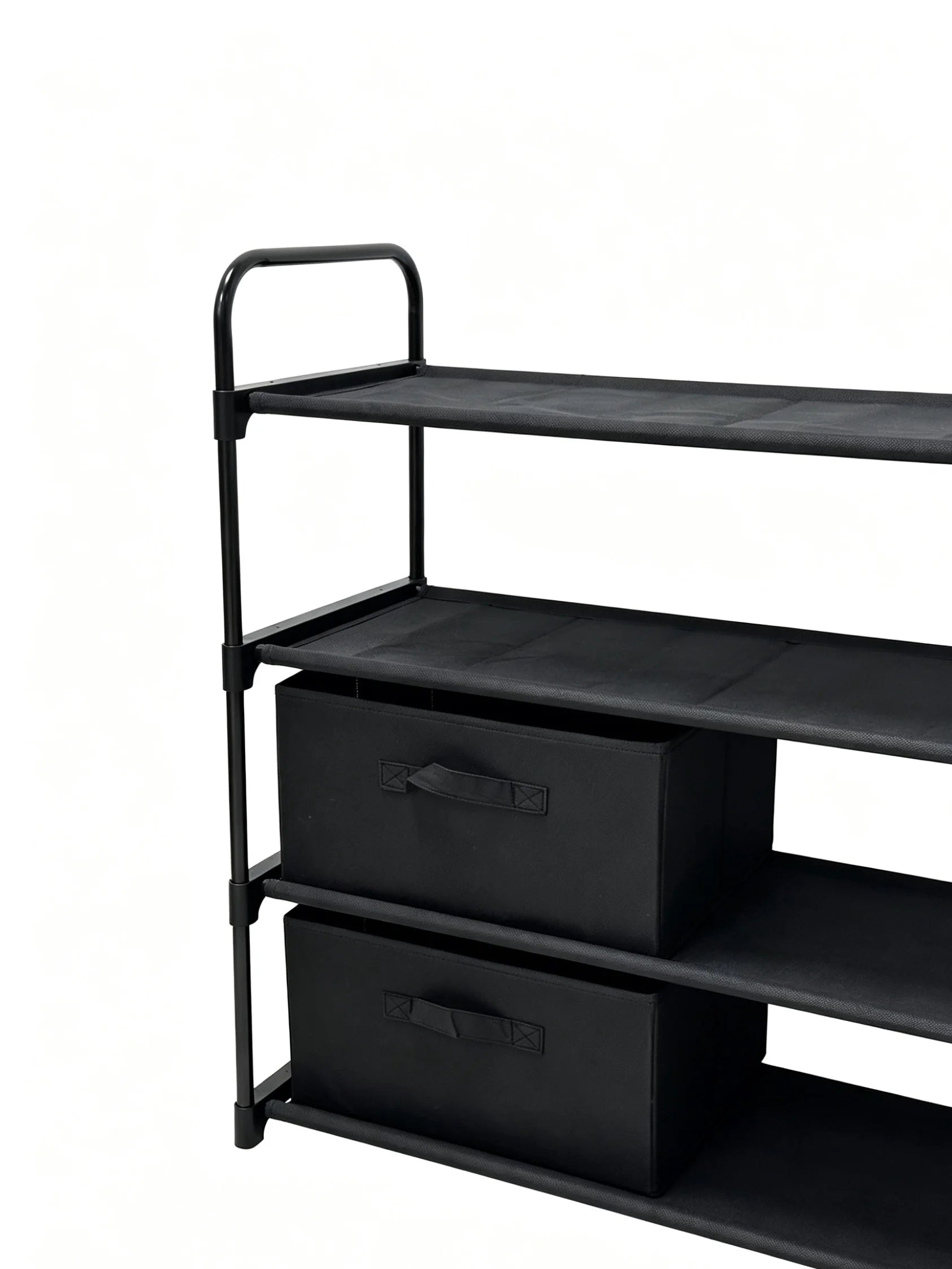 4 Shelf Closet Storage Organizer for Clothes with 2 Fabric Bins, Black, Metal Frame