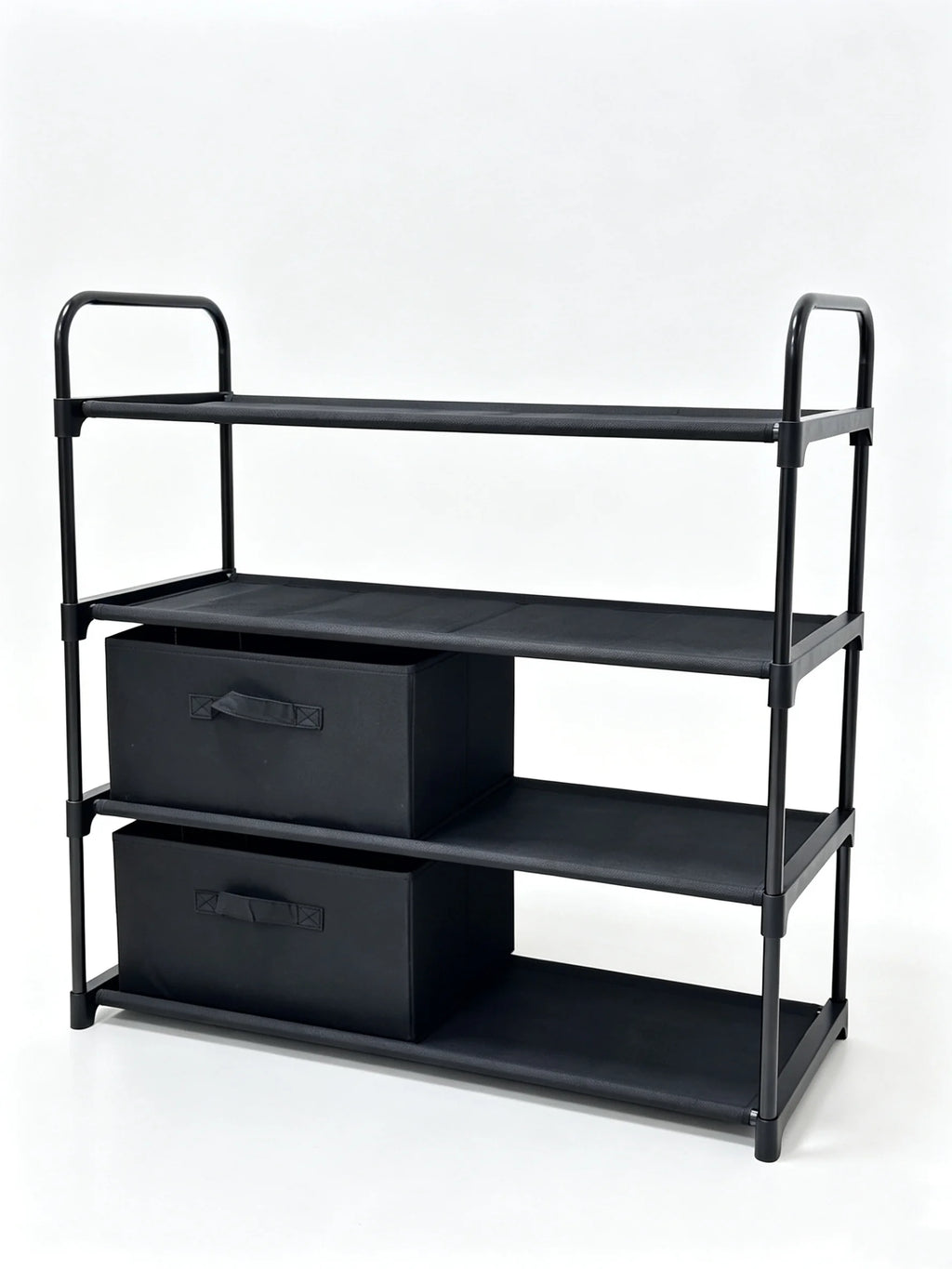 4 Shelf Closet Storage Organizer for Clothes with 2 Fabric Bins, Black, Metal Frame