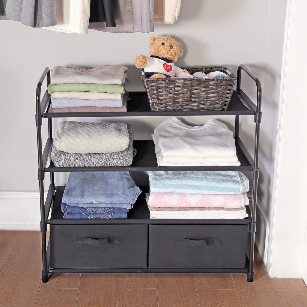 4 Shelf Closet Storage Organizer for Clothes with 2 Fabric Bins, Black, Metal Frame