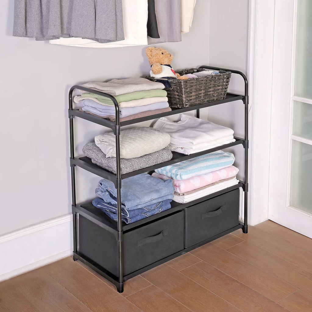 4 Shelf Closet Storage Organizer for Clothes with 2 Fabric Bins, Black, Metal Frame