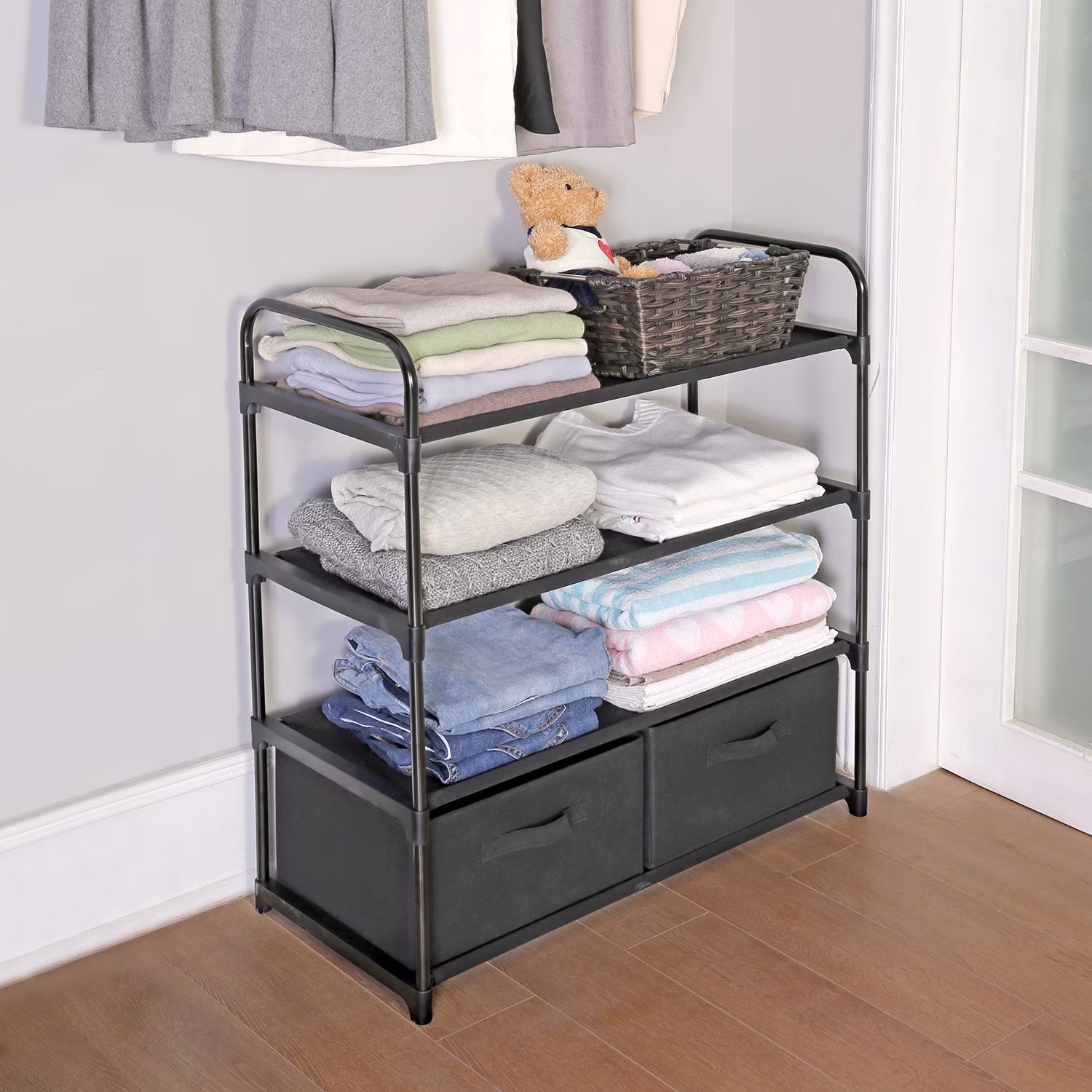 4 Shelf Closet Storage Organizer for Clothes with 2 Fabric Bins, Black, Metal Frame